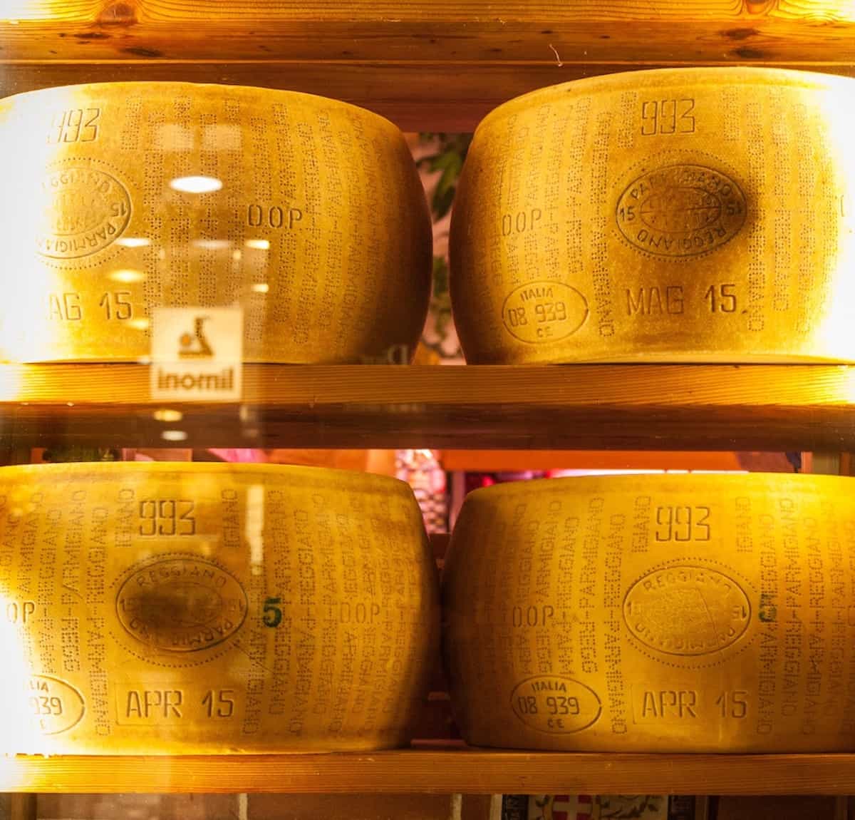 parmesan cheese wheel on shelf
