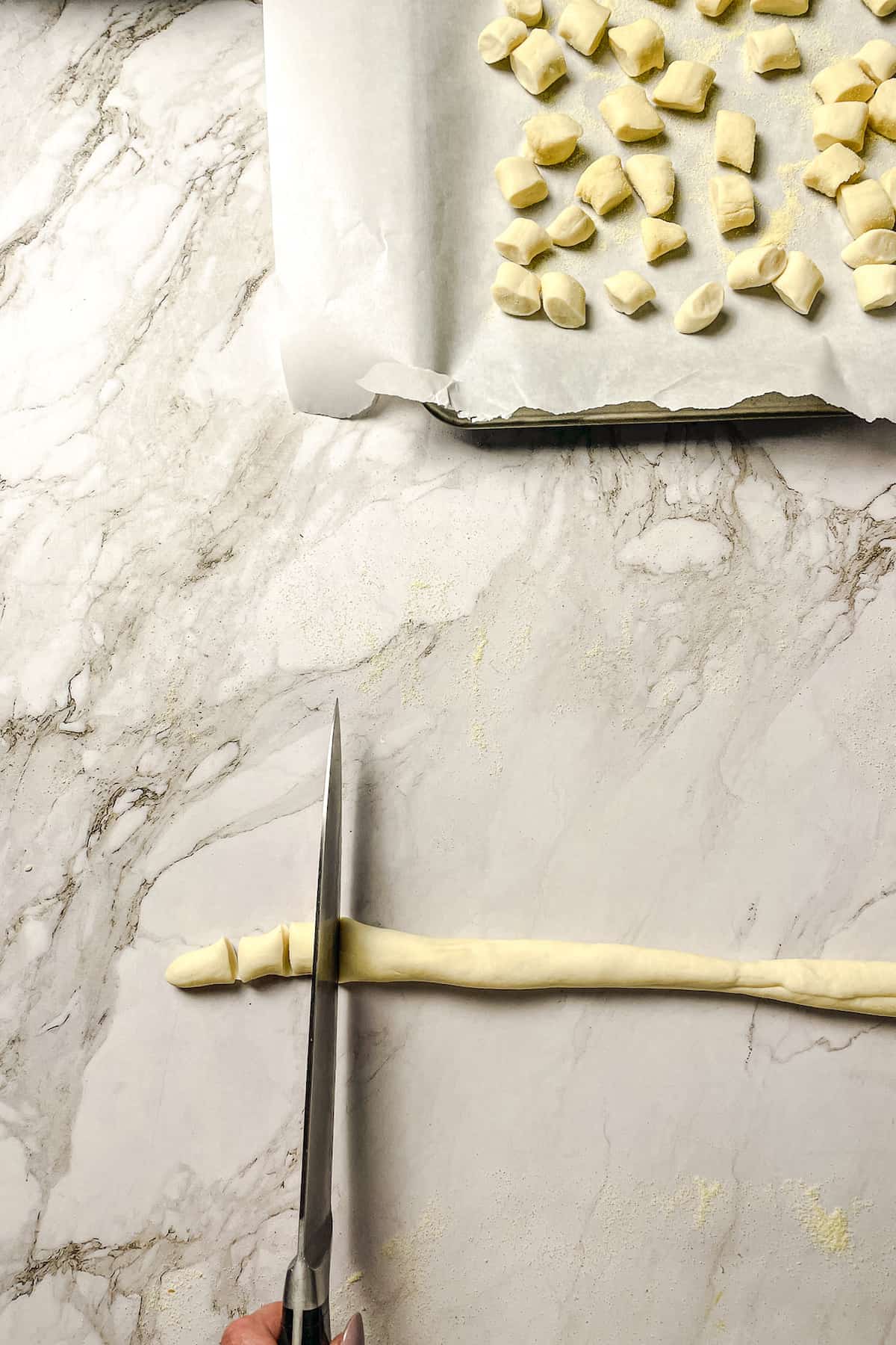 cutting a log of ricotta gnocchi dough