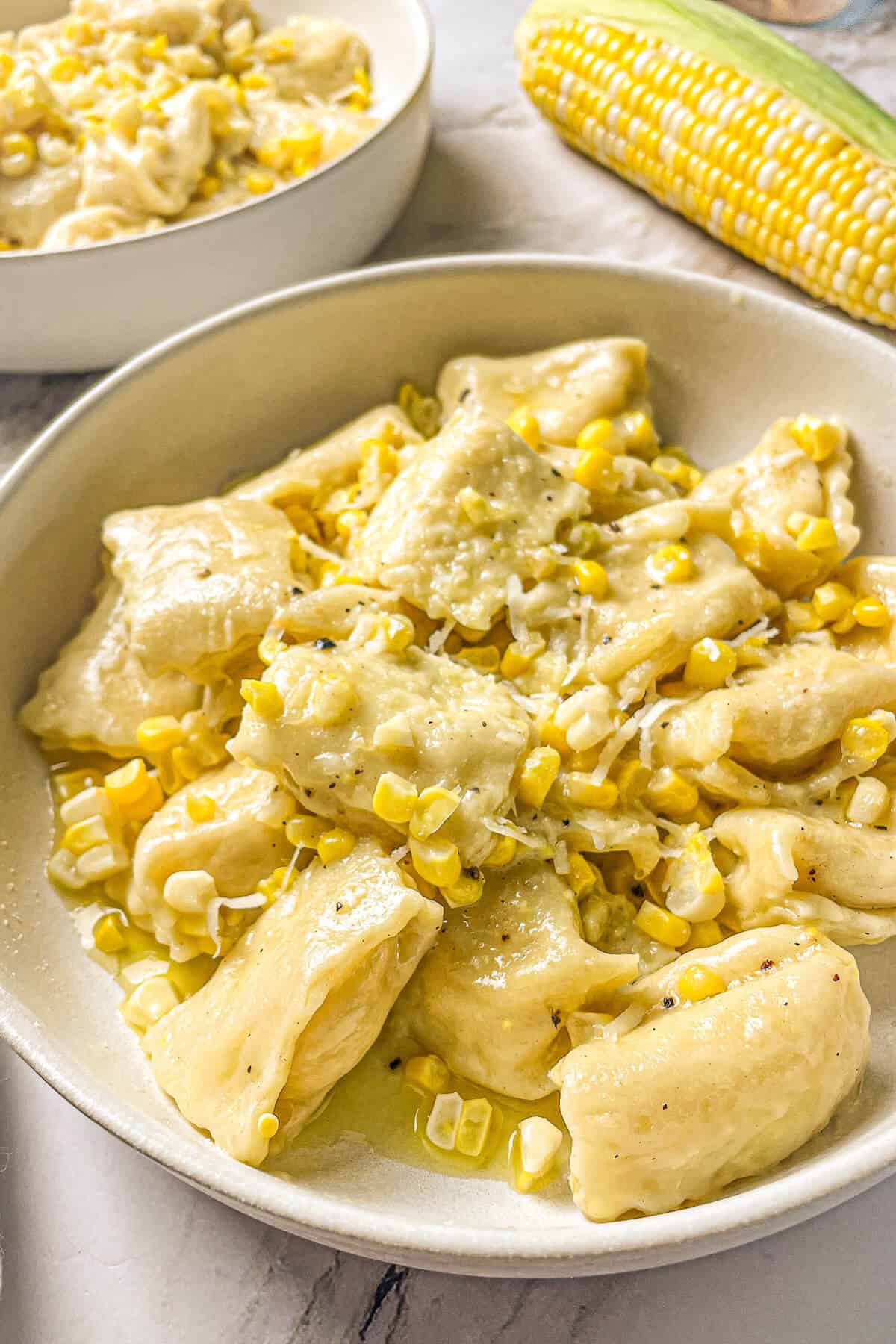 corn agnolotti in a bowl