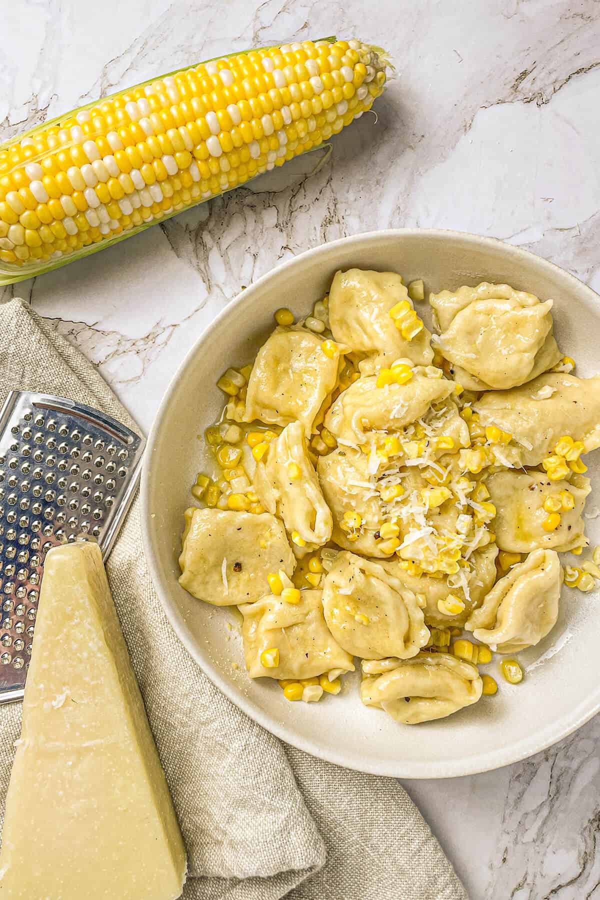 homemade corn agnolotti in a bowl